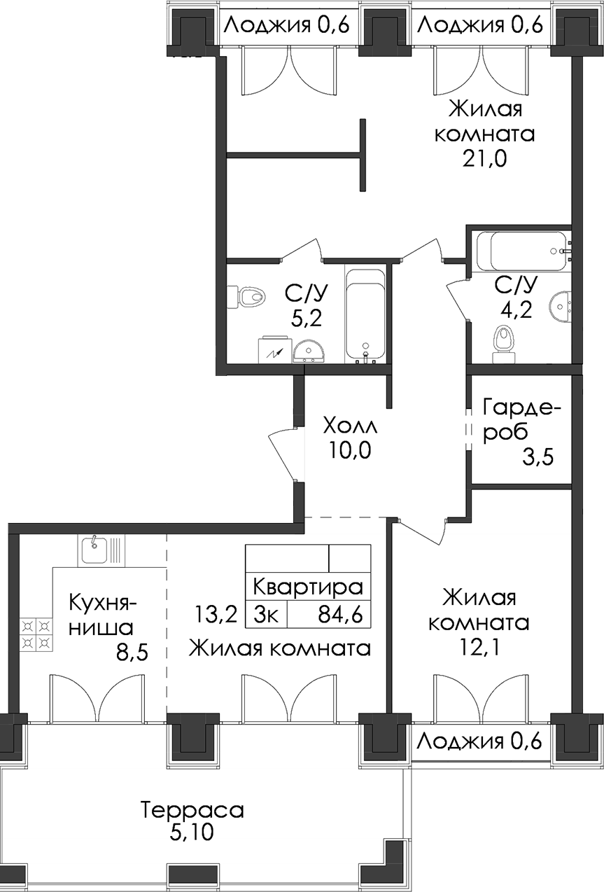 2-комнатная квартира 84.6 м², 9/9 эт., ЖК «Лермонтовский 54»